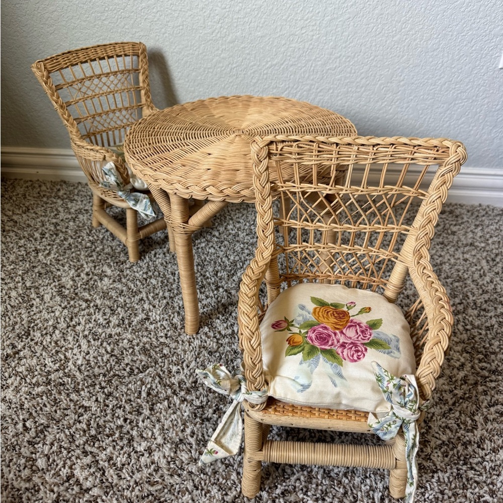 American Girl Tan Samantha wicker table and chair